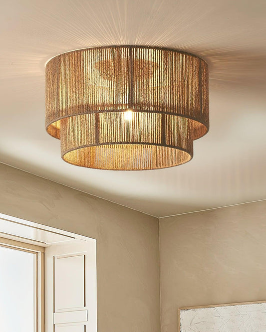 Golden Drift Ceiling Light – Jute Shade with Black Canopy, 45 cm Diameter