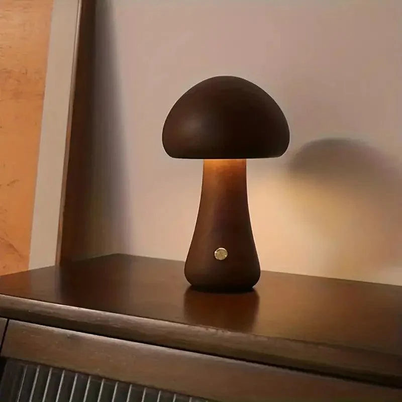 Rechargeable Wireless Mushglow Mushroom Table Lamp - Wood & Foam with Brightness Control and USB Charging