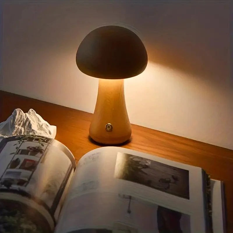 Rechargeable Wireless Mushglow Mushroom Table Lamp - Wood & Foam with Brightness Control and USB Charging
