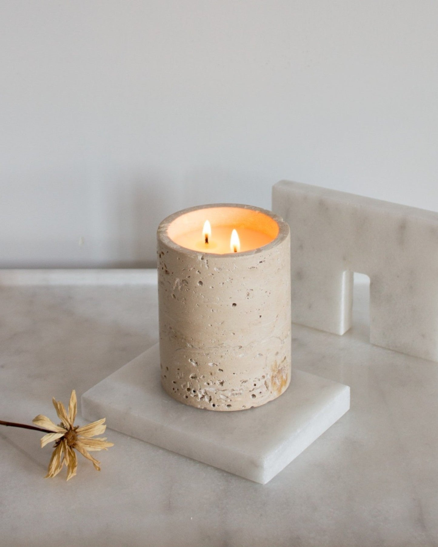 Natural Beige Travertine Marble Jar – Elegant Candle and Storage Glass