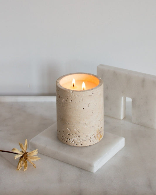 Natural Beige Travertine Marble Jar – Elegant Candle and Storage Glass