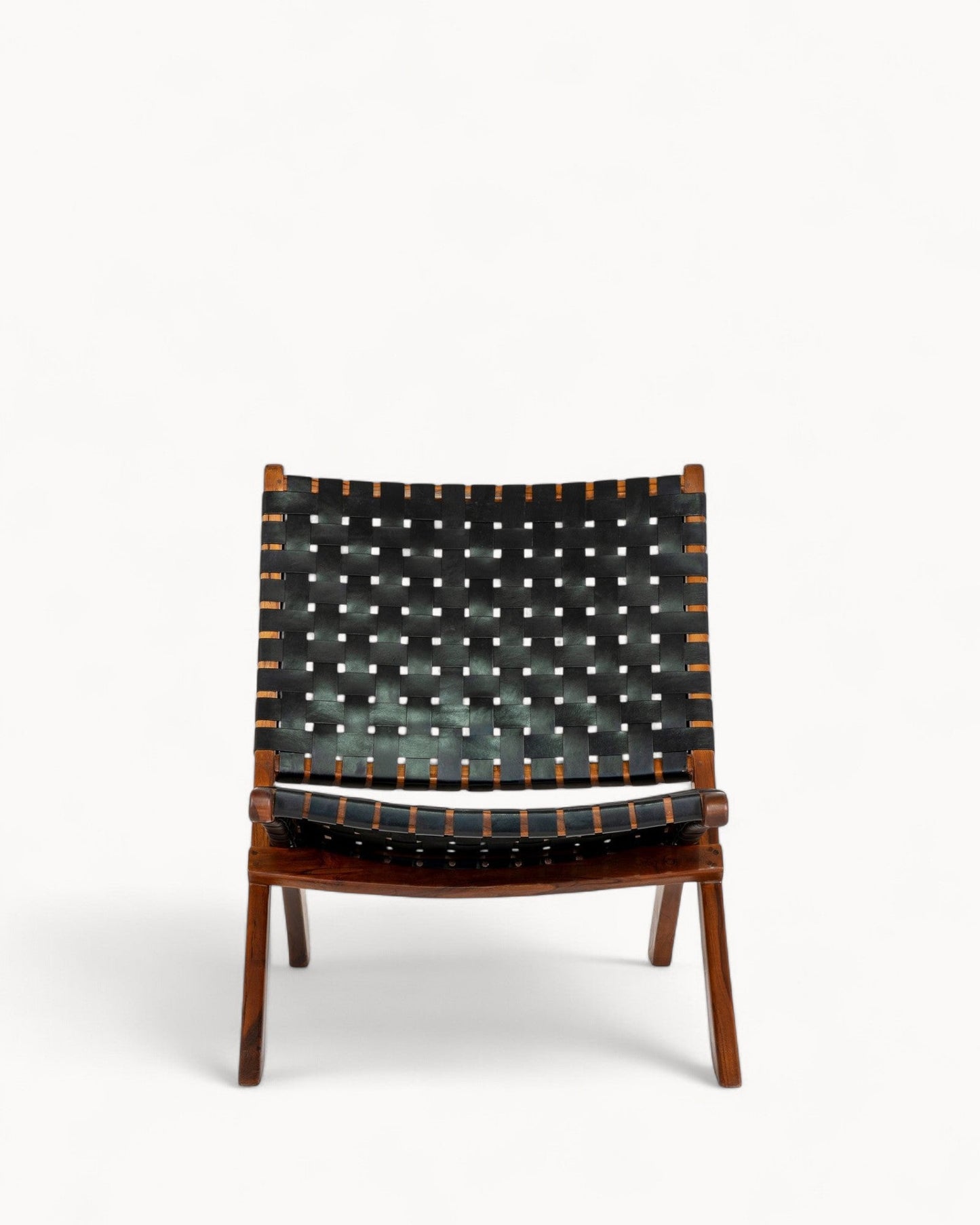 Modern Folding Chair – Black Leather Upholstery with Teak Wood Legs