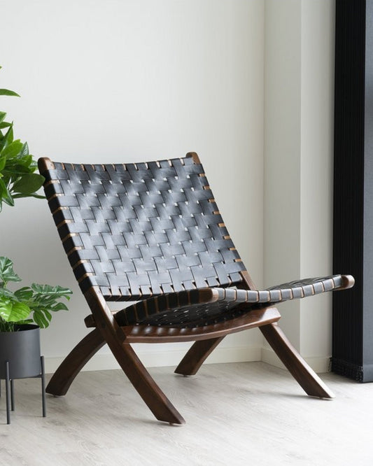 Modern Folding Chair – Black Leather Upholstery with Teak Wood Legs