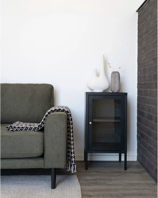 Modern Black Metal Cabinet with Glass Door – 38x35x70 cm