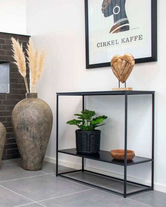 Black Console Table with Metal Frame – 80x36x80 cm – Features 2 Shelves