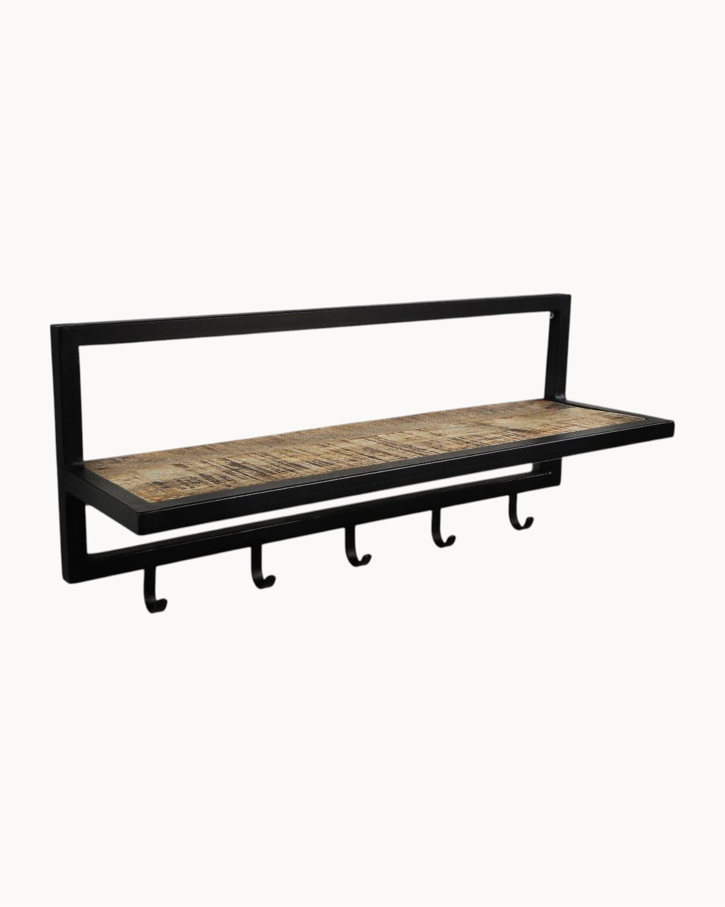 HSM Collection – 66cm Wall-Mounted Coat Rack with Shelf and 5 Hooks in Acacia/Black