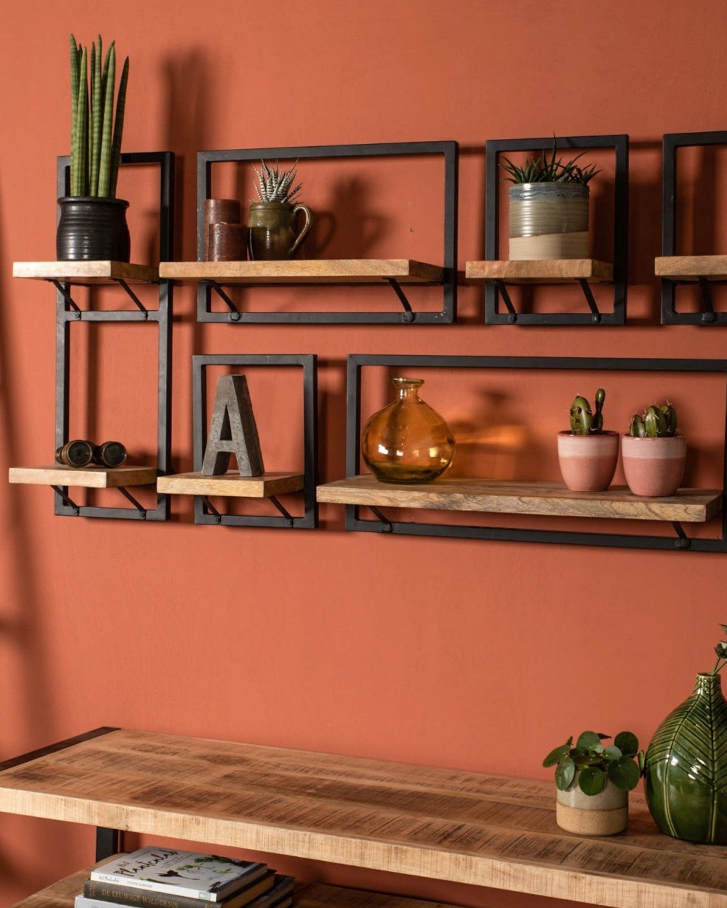 HSM Collection – Mango Wood & Metal Level Shelf Wall Unit – Natural/Black