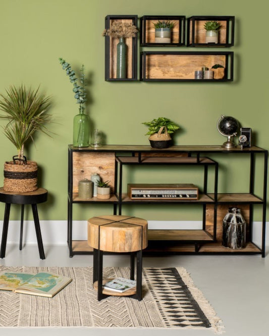 Urban Levels Wall Shelf - Mango Wood and Metal - Natural Black Finish - 35x18x25 cm