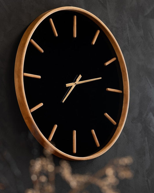 J-Line 80cm Round Clock – Wood and Glass – Brown and Black