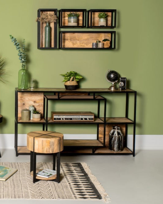 Natural and Black Mango Wood/Metal Wall Shelf – 25x18x55 cm