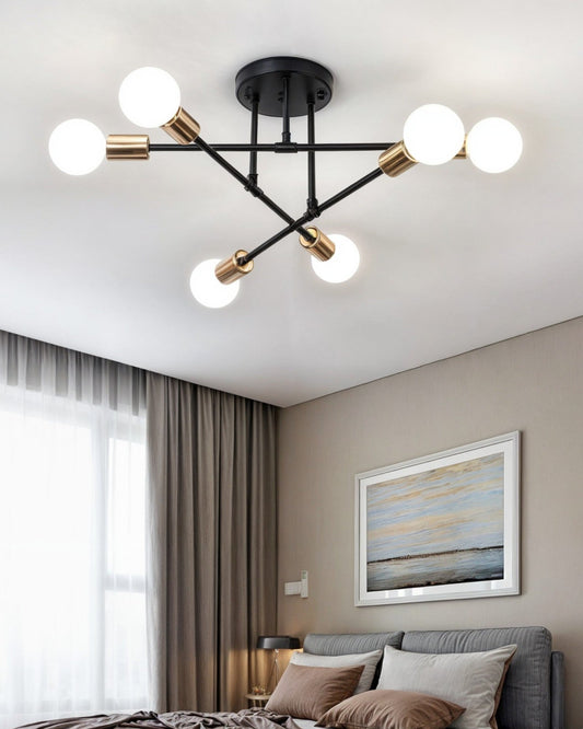 70cm Modern Retro Ceiling Light – 6-Bulb Black and Gold Design