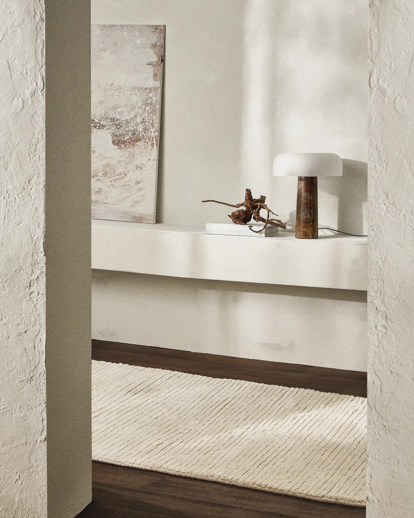 Carla Table Lamp – White Glass with Brown Marble Base – 32cm Diameter
