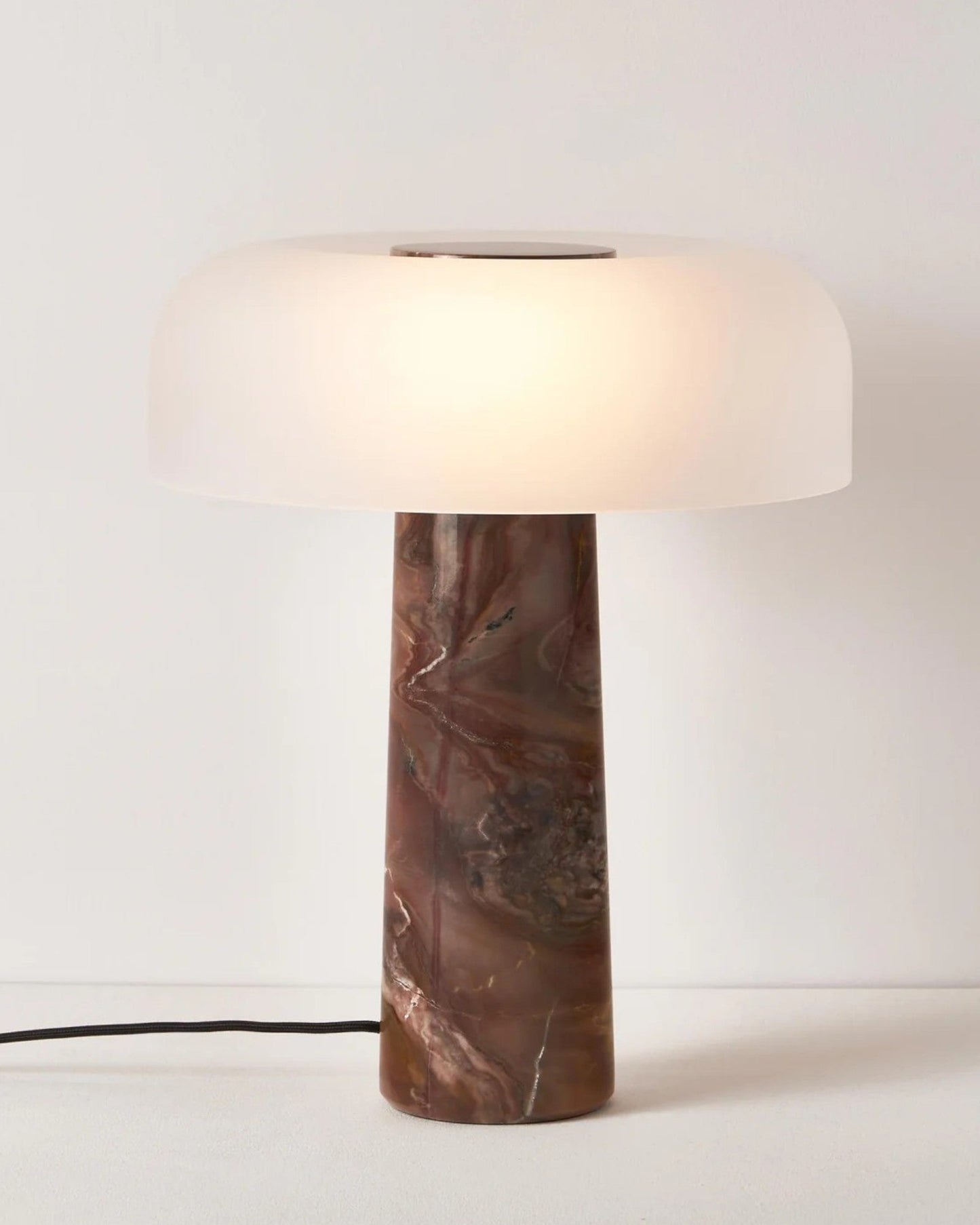 Carla Table Lamp – White Glass with Brown Marble Base – 32cm Diameter