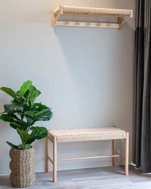 Abano Bank – 80 cm Natural Poplar Wood Bench with Rattan Seat in Beige