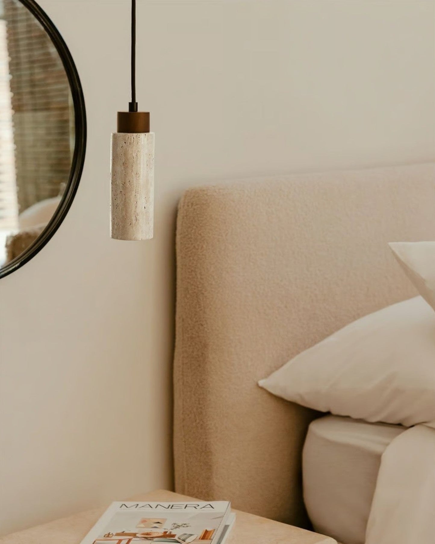 Adjustable Height Davis Pendant Light in Travertine and Wood - Ø10 cm