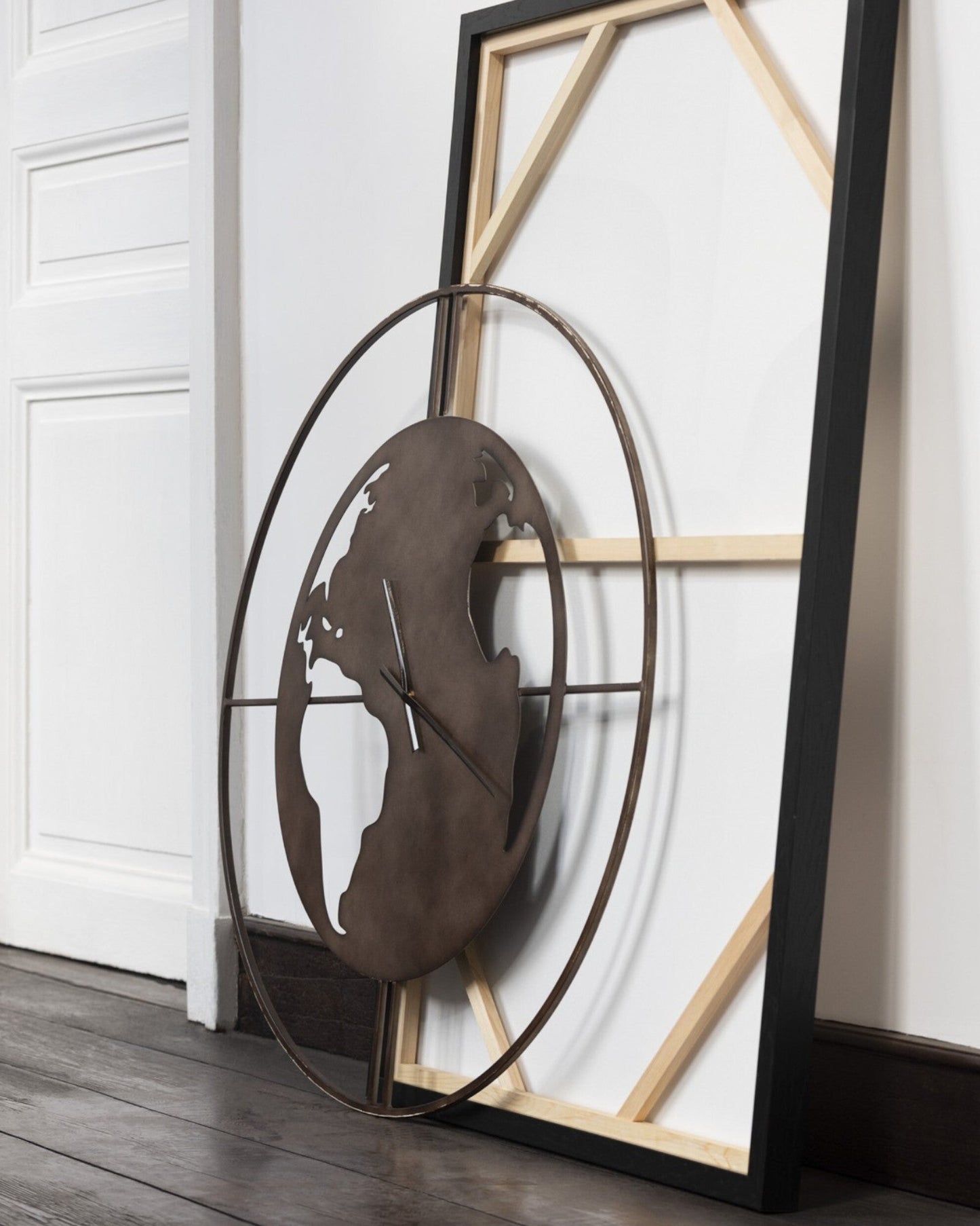 Industrial Design Wall Clock with World Map – 90 cm Brown Metal