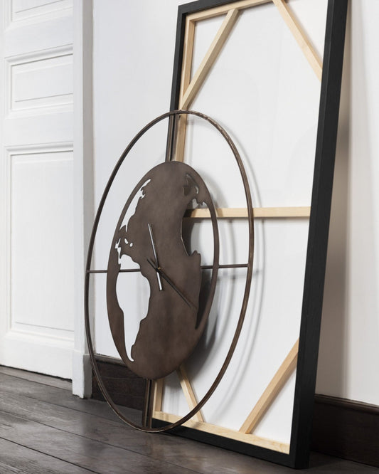 Industrial Design Wall Clock with World Map – 90 cm Brown Metal