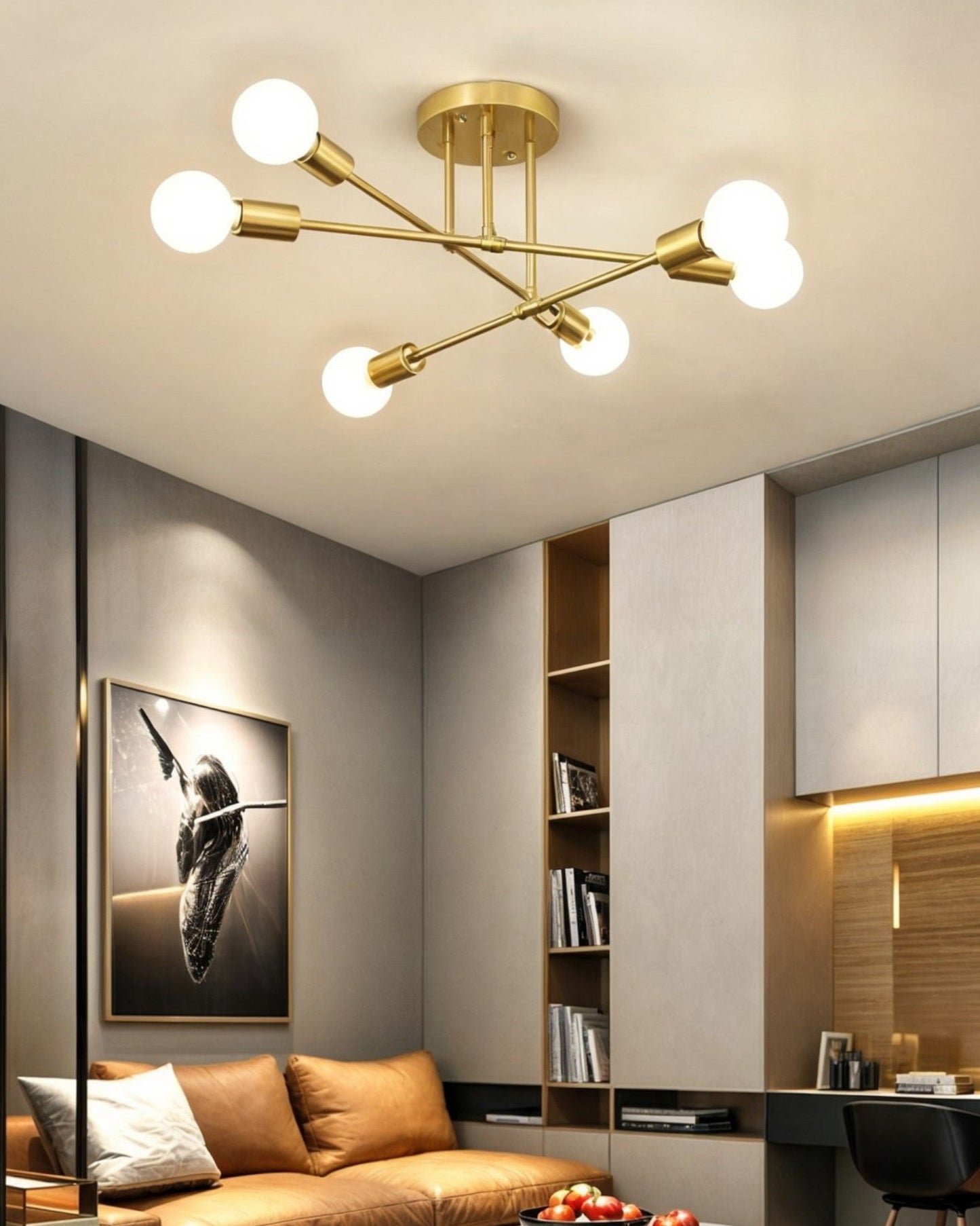70cm Modern Retro Ceiling Light – 6-Bulb Black and Gold Design