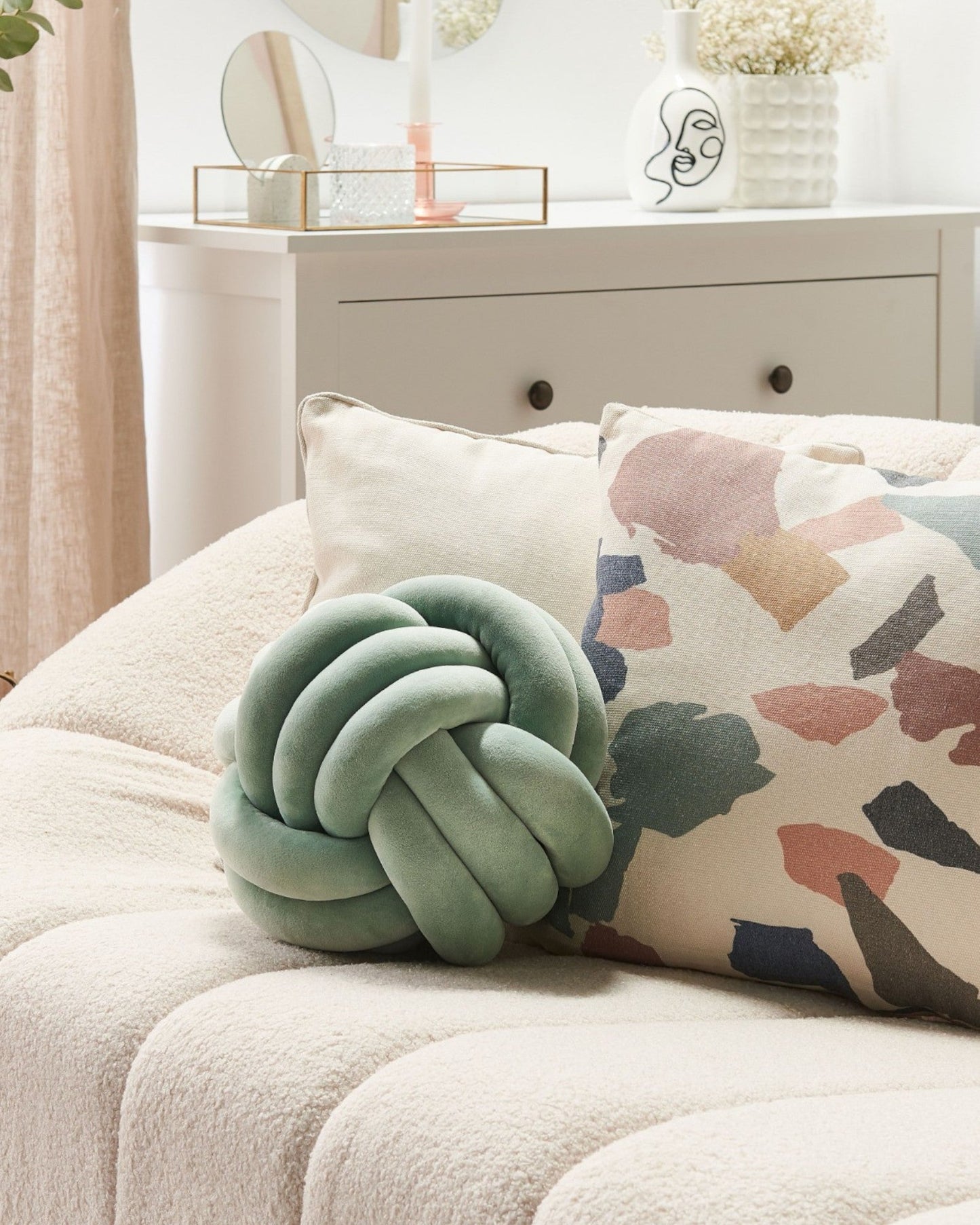 Velvet Decorative Knot Pillow - Mint Green, Black, and Light Gray