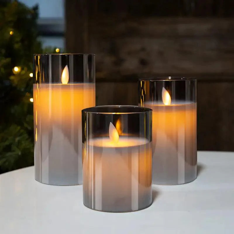 Set of 3 AmbiCandle LED Candles – Gray Glass with Realistic Flame Effect