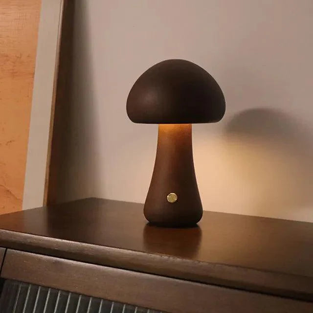 Rechargeable Wireless Mushglow Mushroom Table Lamp - Wood & Foam with Brightness Control and USB Charging