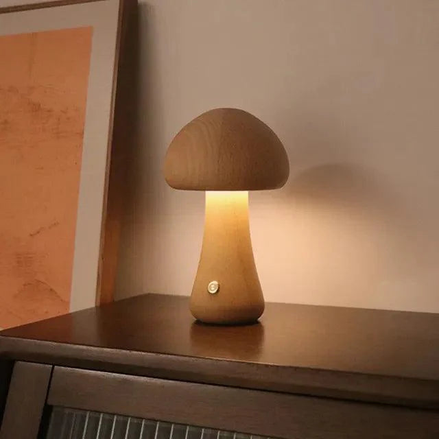 Rechargeable Wireless Mushglow Mushroom Table Lamp - Wood & Foam with Brightness Control and USB Charging
