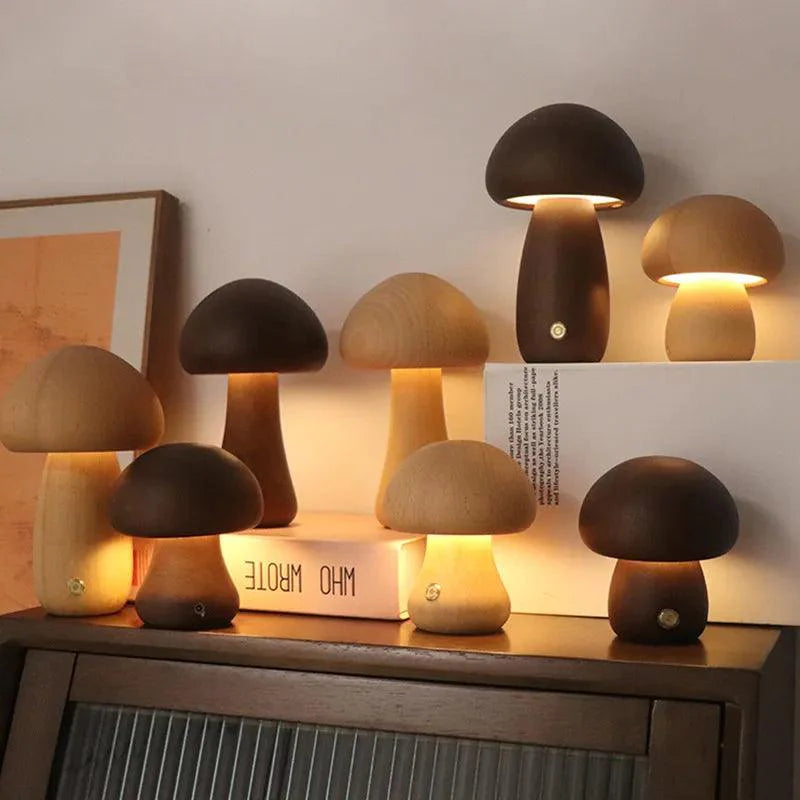 Rechargeable Wireless Mushglow Mushroom Table Lamp - Wood & Foam with Brightness Control and USB Charging