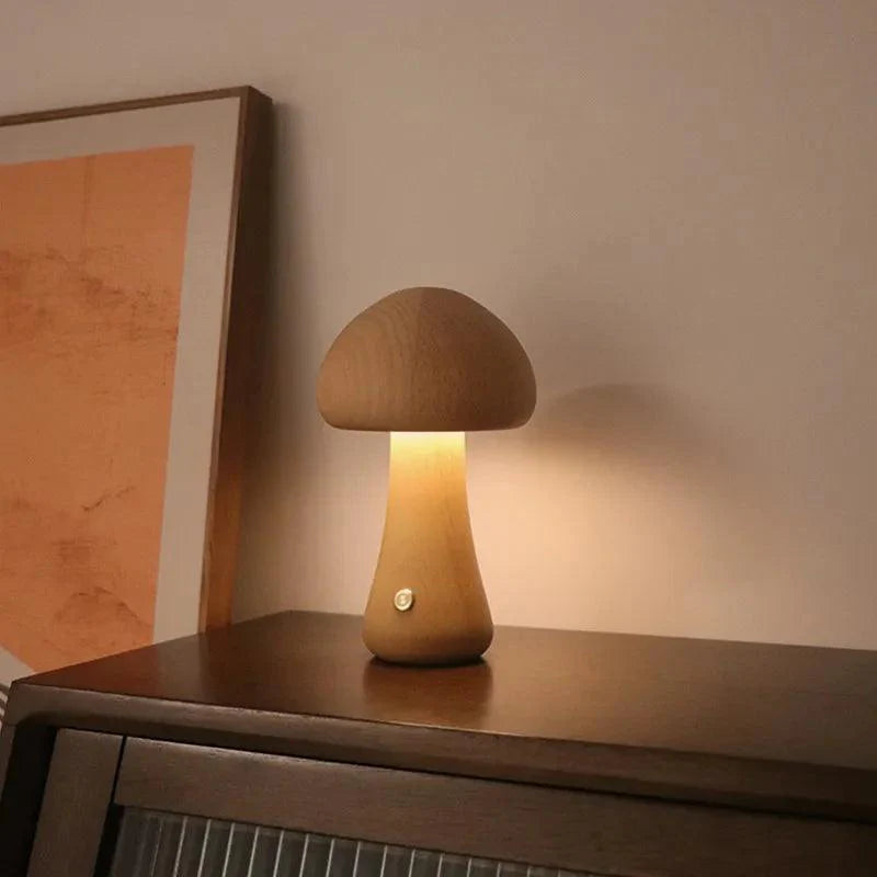 Rechargeable Wireless Mushglow Mushroom Table Lamp - Wood & Foam with Brightness Control and USB Charging