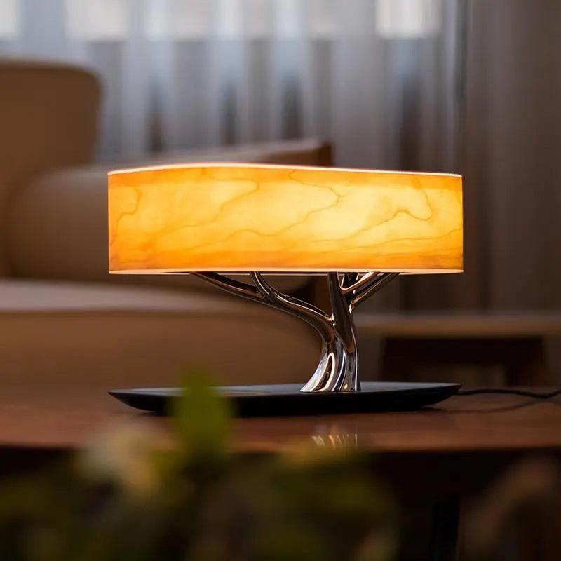 Contemporary LED Table Lamp with Cherry Wood Shade, Touch Control, Adjustable Brightness, and Wireless Charging