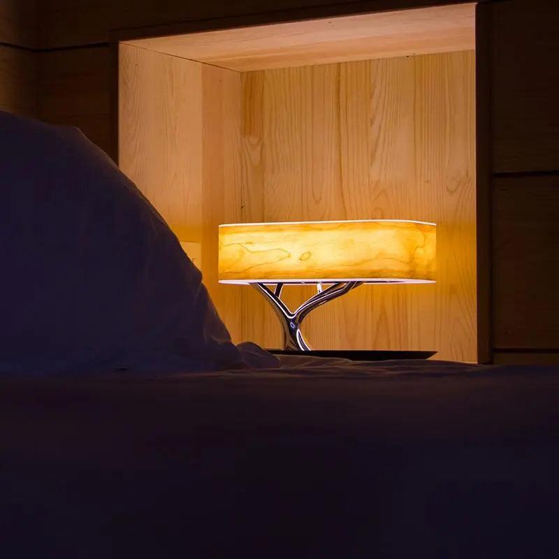 Contemporary LED Table Lamp with Cherry Wood Shade, Touch Control, Adjustable Brightness, and Wireless Charging