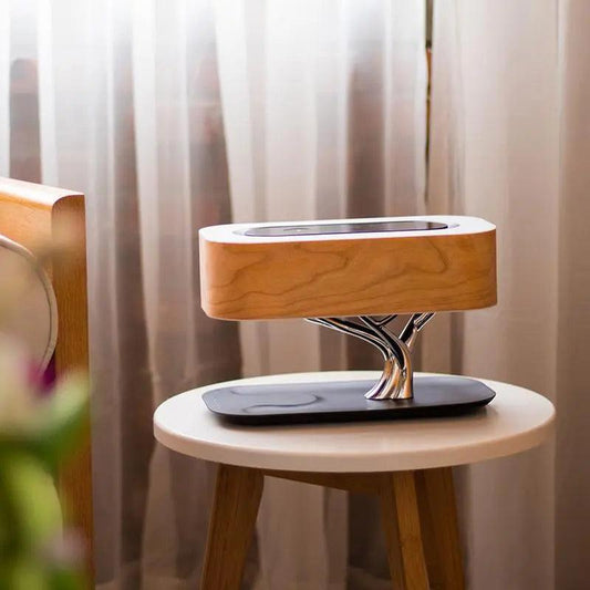 Contemporary LED Table Lamp with Cherry Wood Shade, Touch Control, Adjustable Brightness, and Wireless Charging
