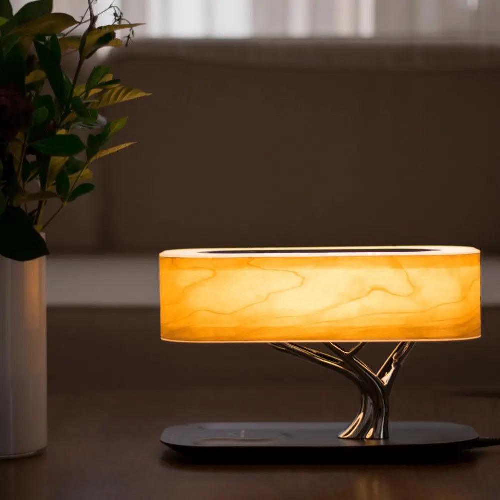 Contemporary LED Table Lamp with Cherry Wood Shade, Touch Control, Adjustable Brightness, and Wireless Charging