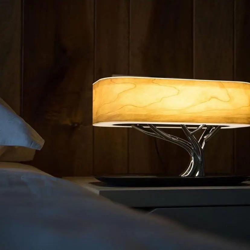 Contemporary LED Table Lamp with Cherry Wood Shade, Touch Control, Adjustable Brightness, and Wireless Charging