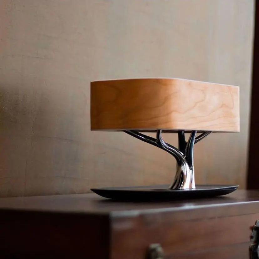 Contemporary LED Table Lamp with Cherry Wood Shade, Touch Control, Adjustable Brightness, and Wireless Charging
