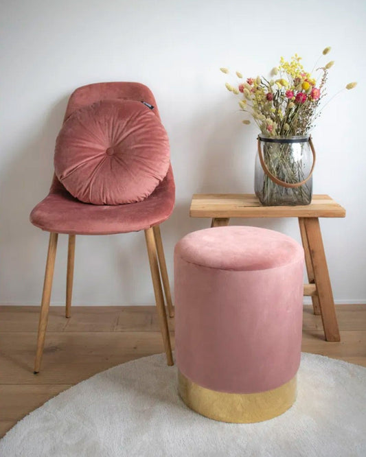 House Nordic – Pink Velvet Pouf with Brass-Colored Steel Accents, Ø34x43 cm