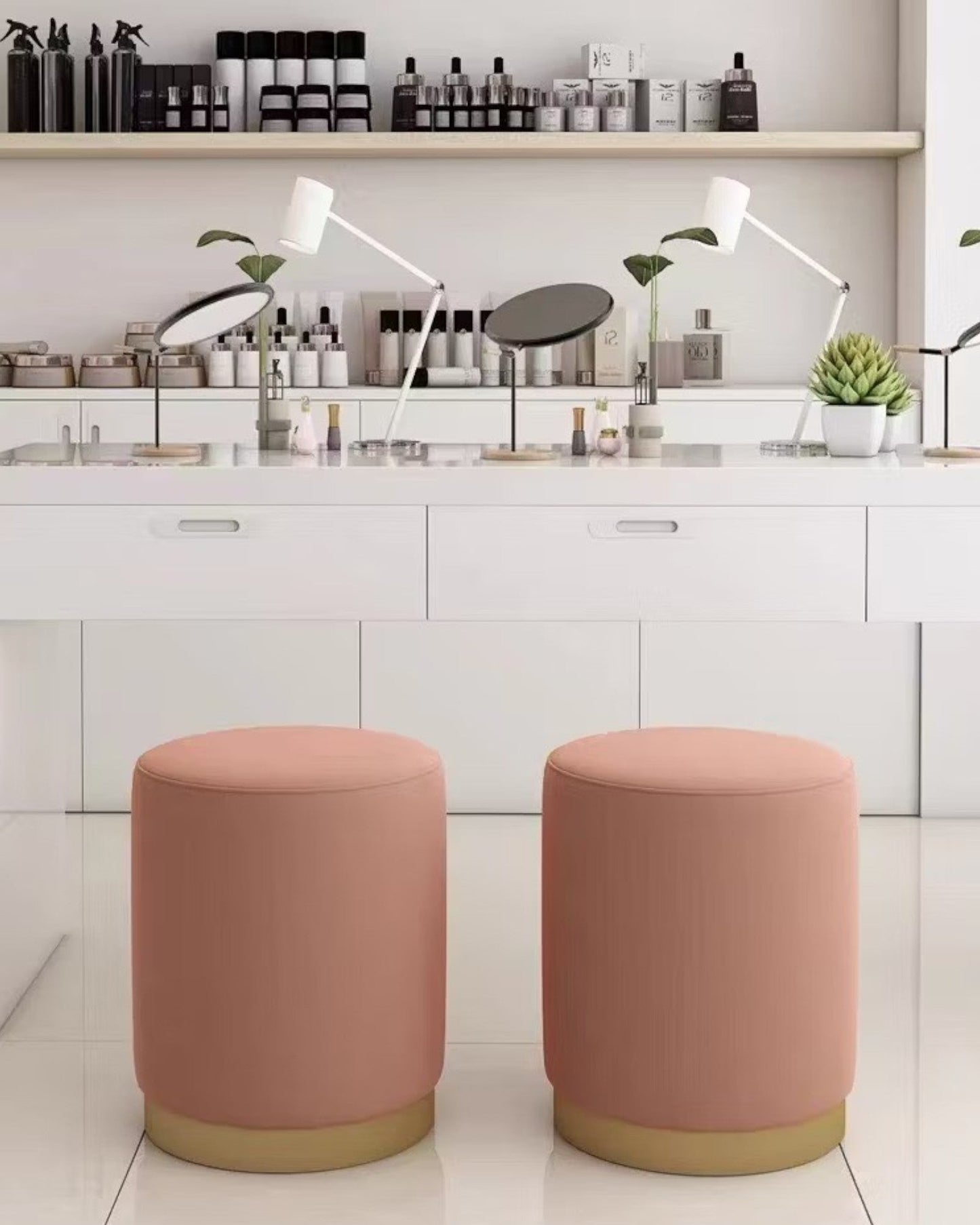 House Nordic – Pink Velvet Pouf with Brass-Colored Steel Accents, Ø34x43 cm