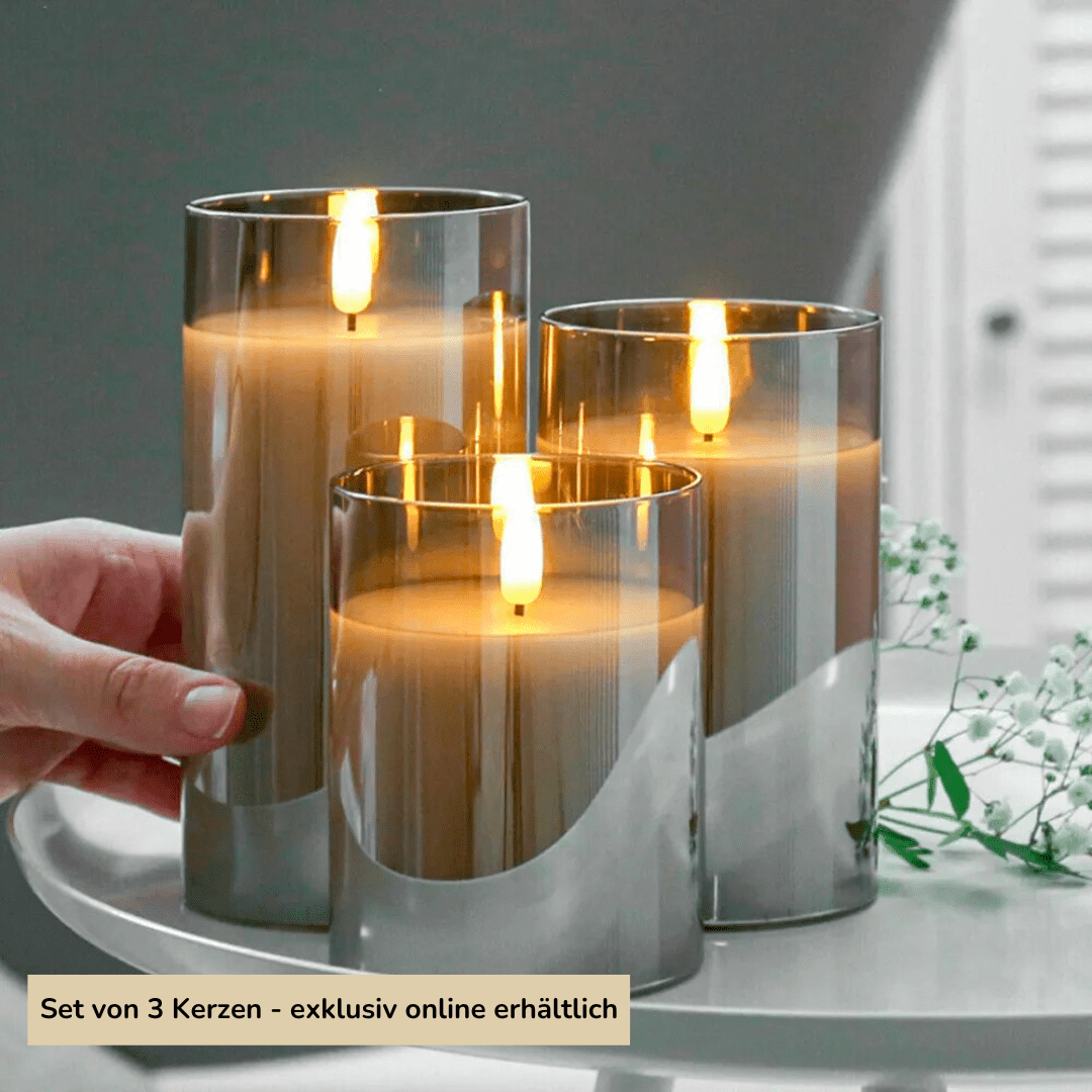Set of 3 AmbiCandle LED Candles – Gray Glass with Realistic Flame Effect