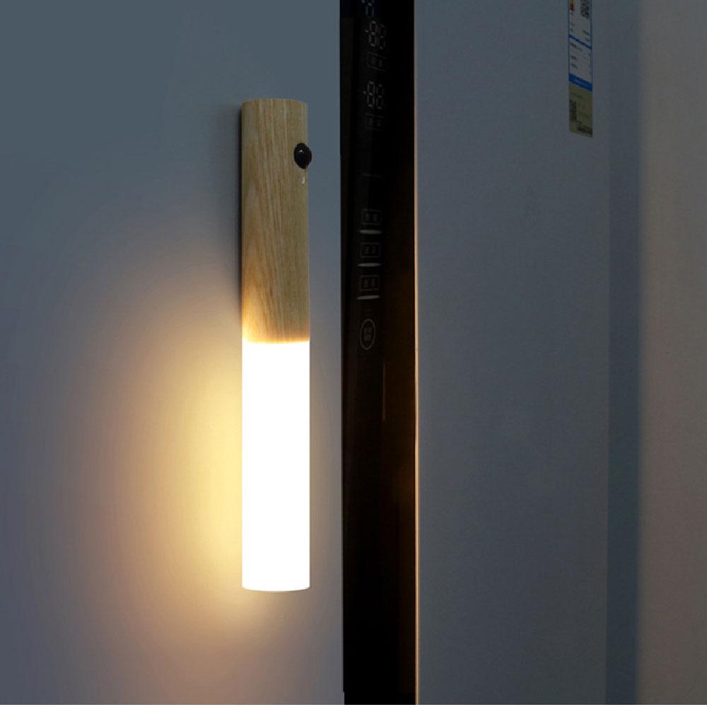 Contemporary LED Motion Sensor Lamp | Warm White Light, Wooden Design, USB Rechargeable