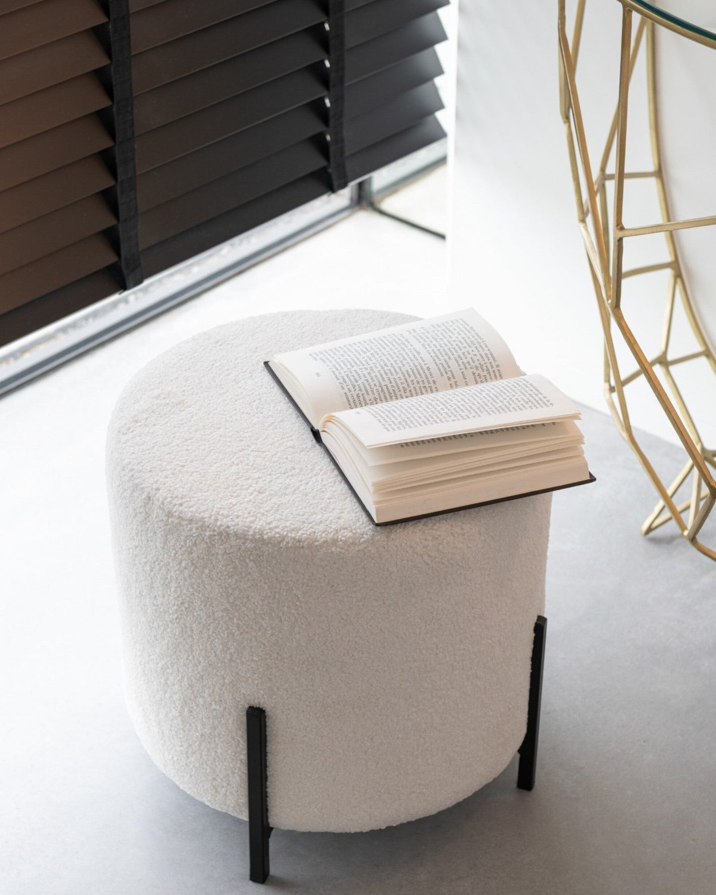 J-Line White Fabric Pouf with Sheepskin Appearance – 41 cm Height