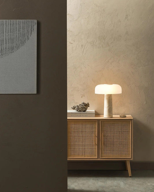 Carla Table Lamp – White Glass with Brown Marble Base – 32cm Diameter