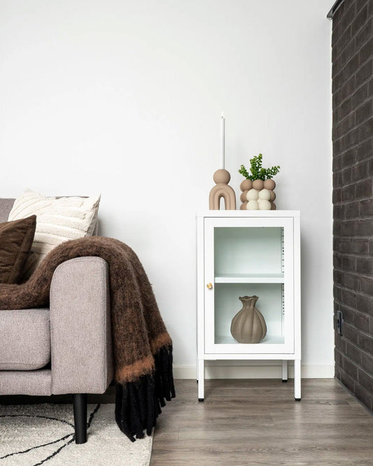 Dalby Modern White Metal Cabinet with Glass Door – 38x35x70 cm