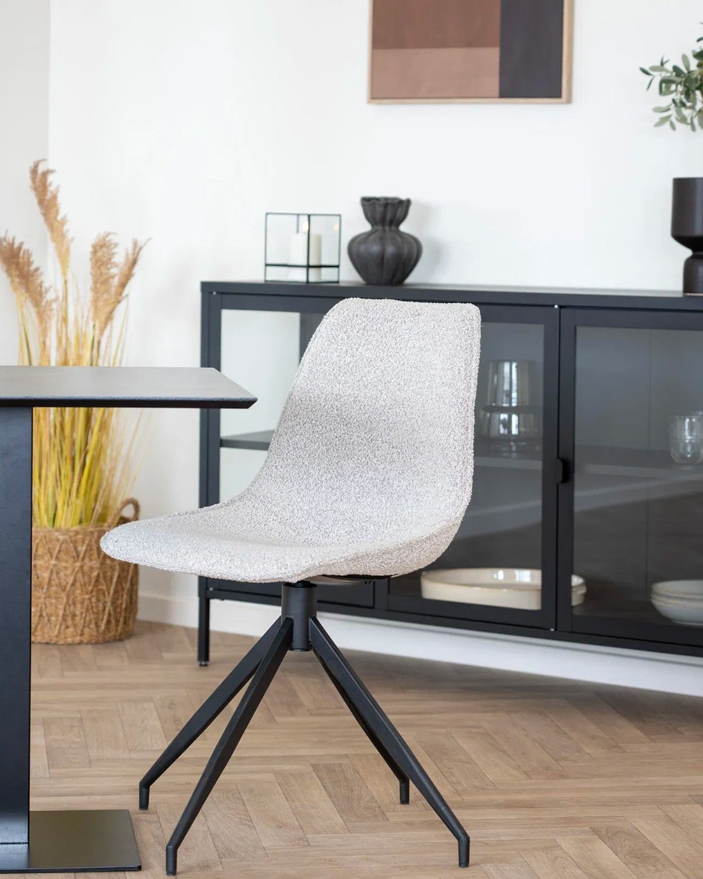 Set of 2 Swivel Dining Chairs – Boucle Sand with Black Legs