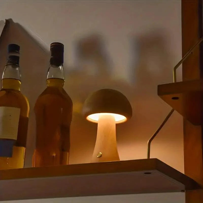 Rechargeable Wireless Mushglow Mushroom Table Lamp - Wood & Foam with Brightness Control and USB Charging