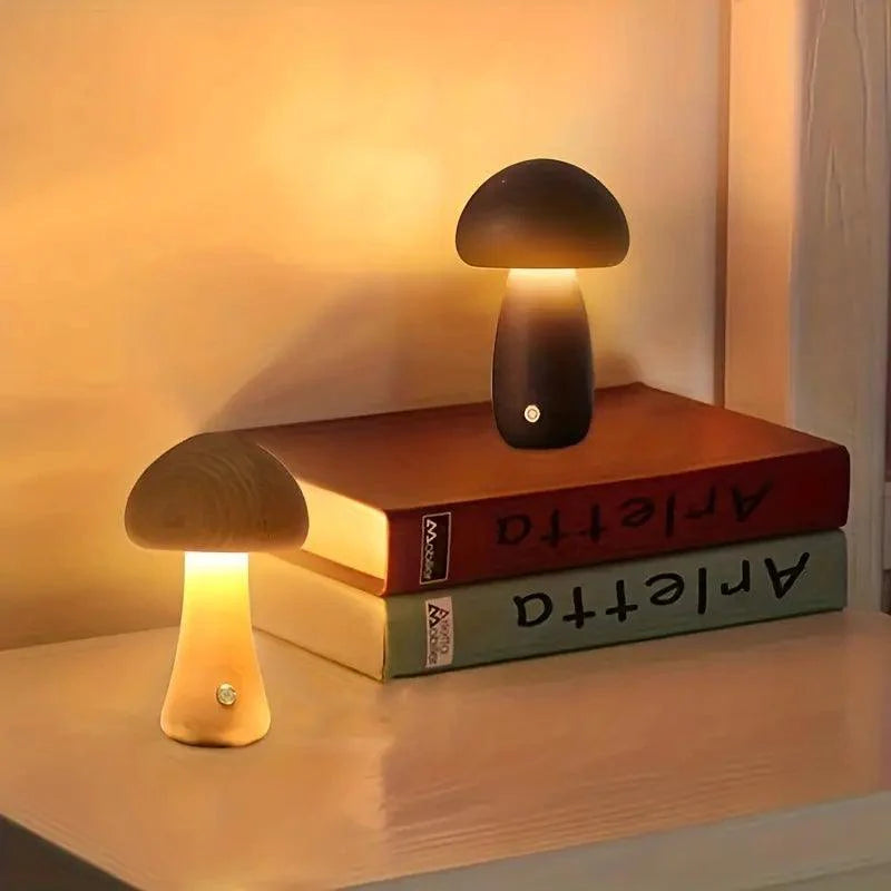 Rechargeable Wireless Mushglow Mushroom Table Lamp - Wood & Foam with Brightness Control and USB Charging