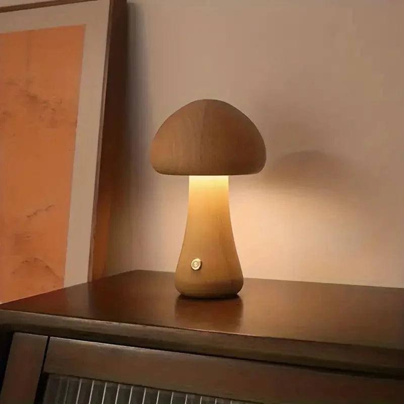 Rechargeable Wireless Mushglow Mushroom Table Lamp - Wood & Foam with Brightness Control and USB Charging